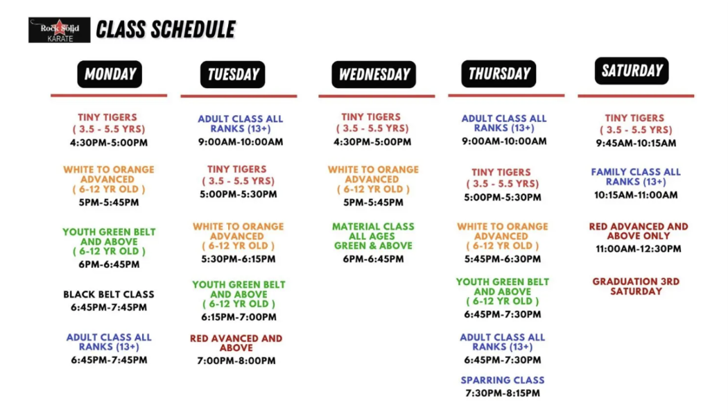 Rock Solid Karate weekly class schedule